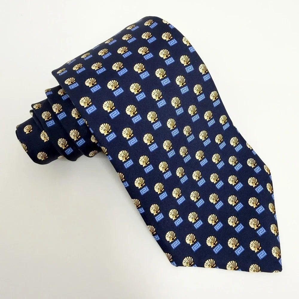 Versace Men's Recent Tie Greek Key Shells Navy/Khaki Silk 3.5
